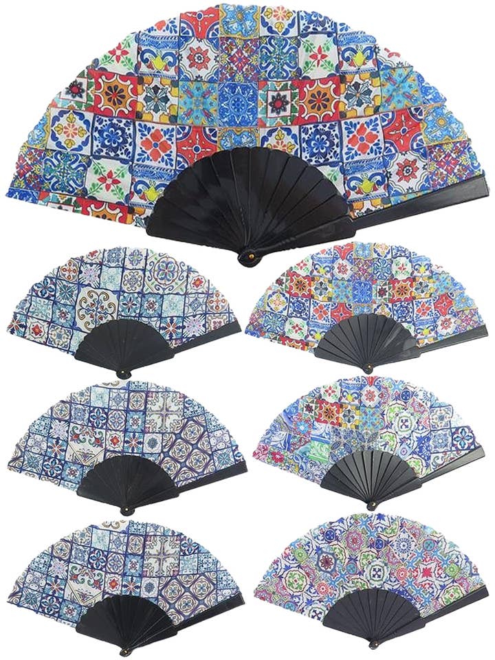 Talavera Tile Black Base Hand-Held Folding Fan for wholesale by Cap Zone