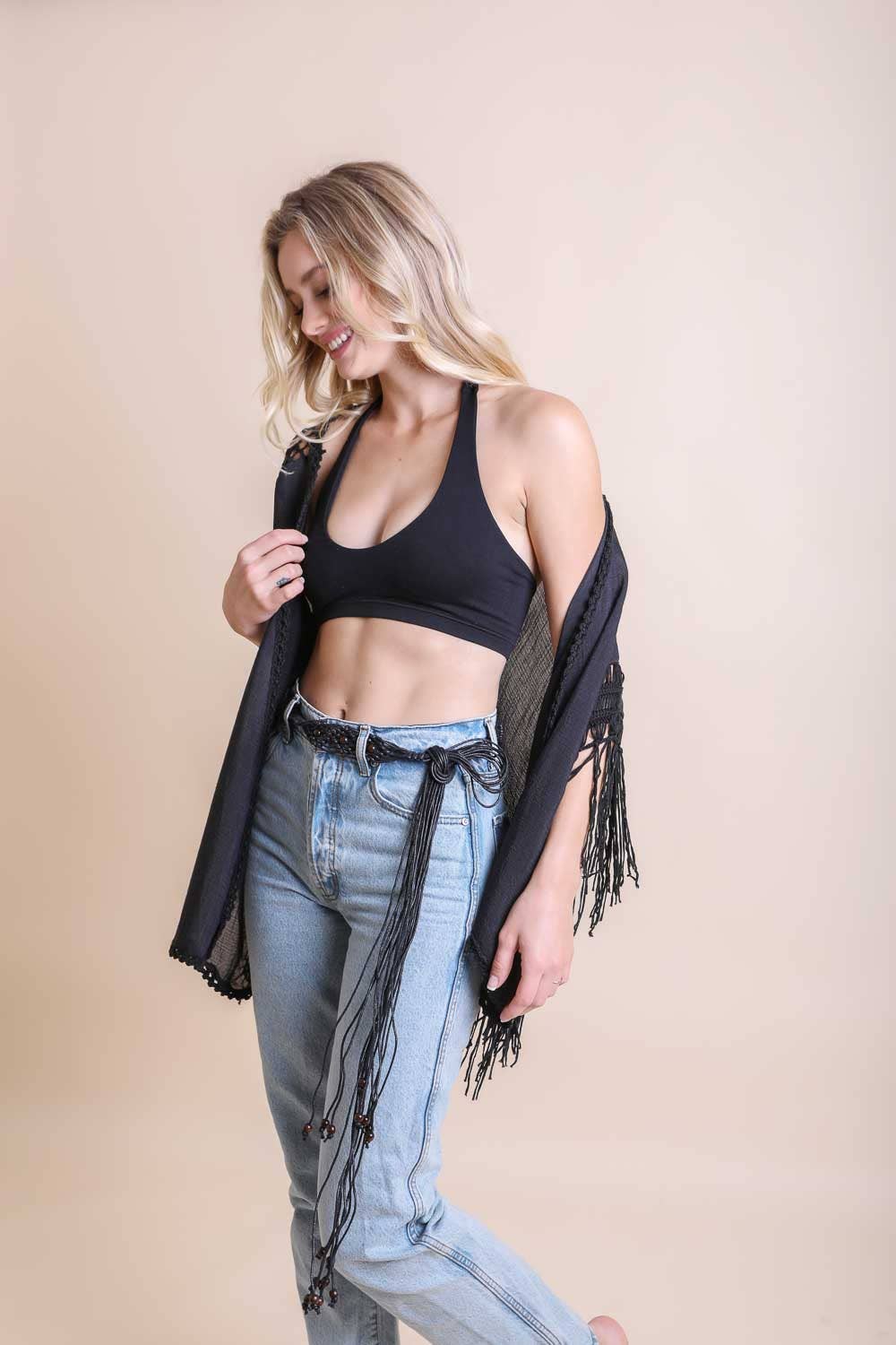 Leto Accessories - Vente Kimono – femme - Kimono à franges en crochet boho chic pour festival 🖤3