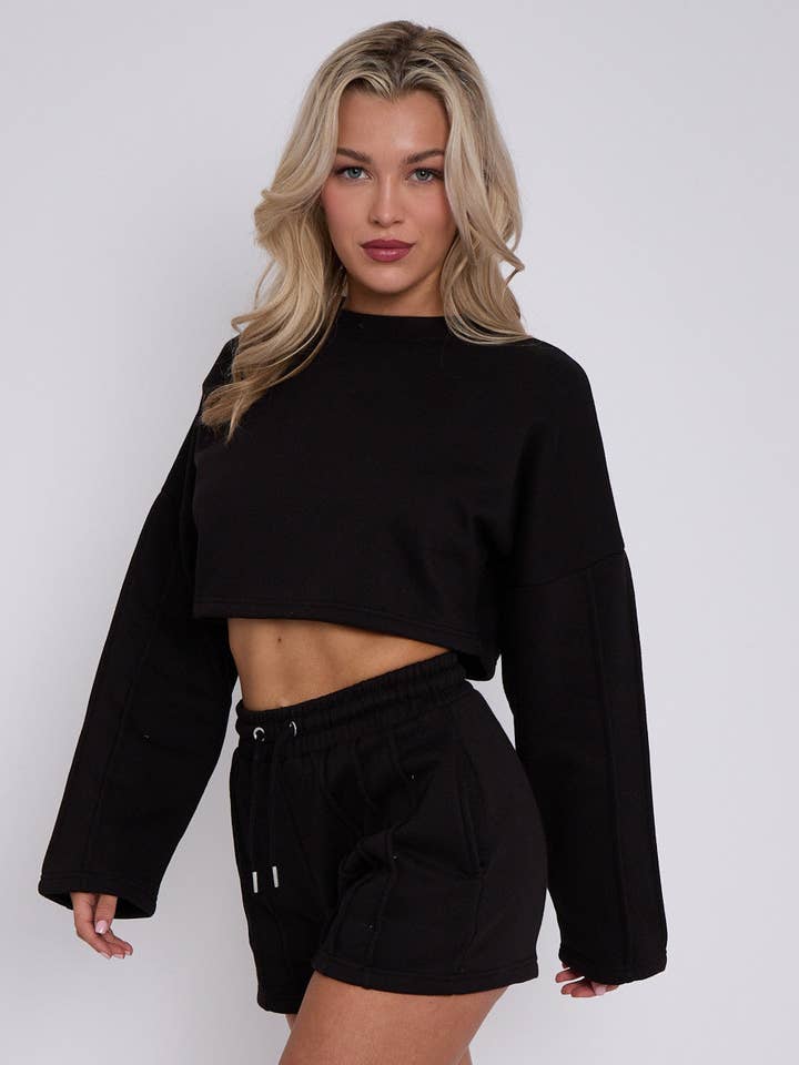 AX Labels - Wholesale Lounge Set - Women's - Seam Detail Oversized Crop Top & Shorts Fleece Co-ord52