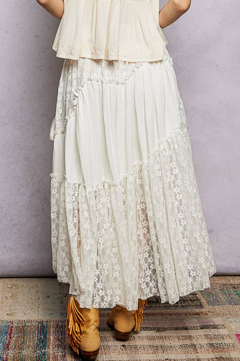 Pol Clothing - Wholesale Skirt - Women's - Double gauze raw edge lace patch solid maxi skirts8