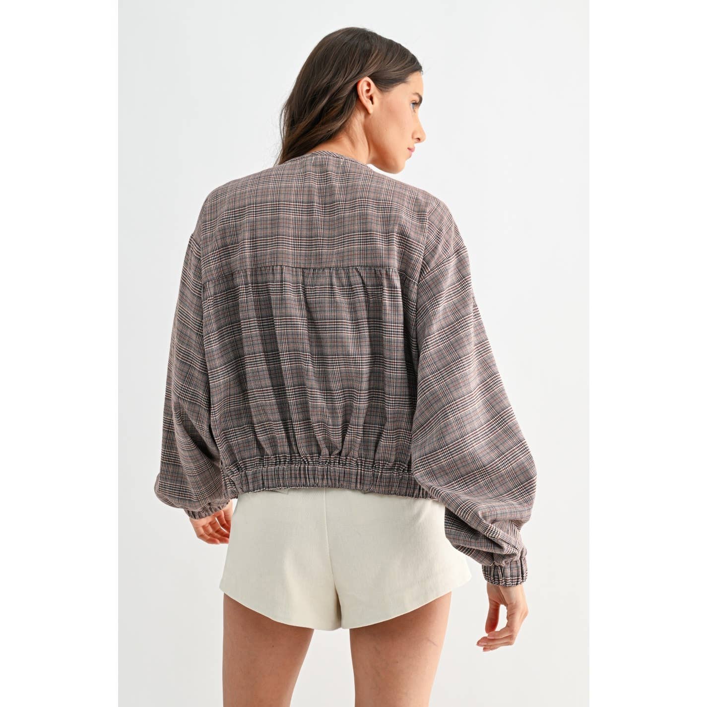 BROWN PLAID BALLON SLEEVE ZIP-UP JACKET  for wholesale on Faire9