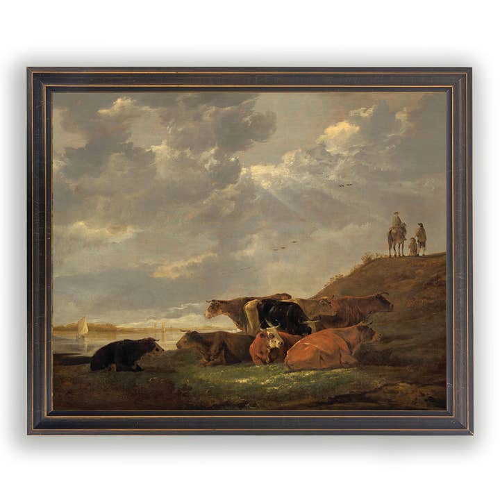 Indrammet vintage ko-oliemaleri reproduktion for engroshandel hos Antique Curiosities Inc