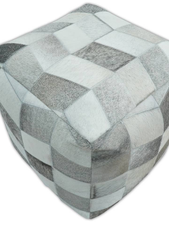 Luxury Ivory and Silver handmade genuine Hairon Leather pouf for wholesale by The Rug Decor, Inc.