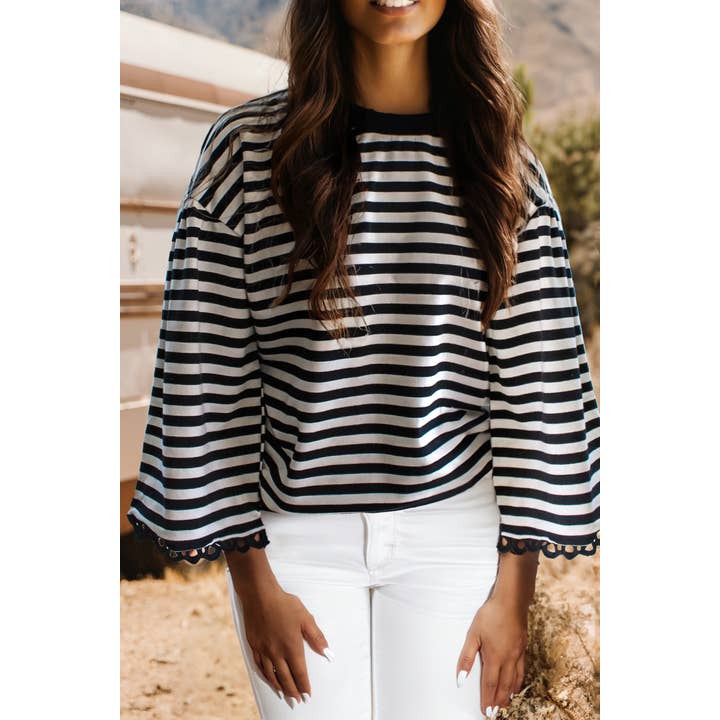 Fashion-W Striped Contrast Trim Bell Sleeve Top for wholesale by fashionworks