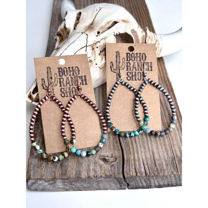 Boho Ranch Shop – wholesale Dangle earrings – Western Navajo Style Pearl Teardrop Hoop Dangle Earrings2