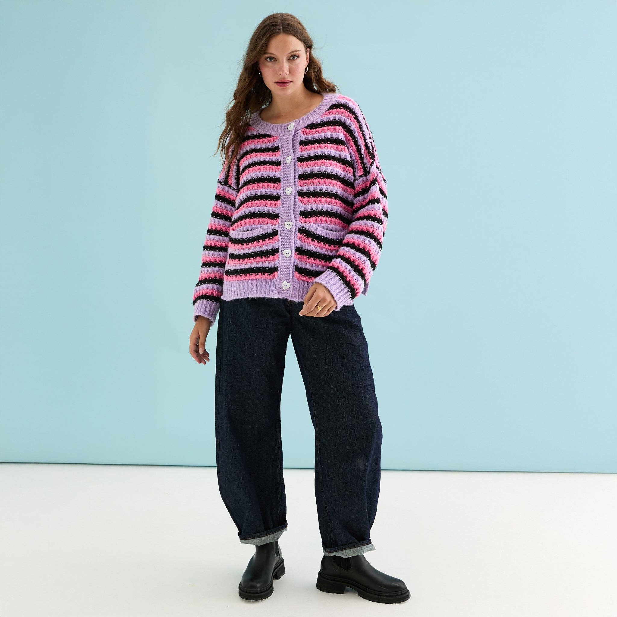 Cara & The Sky - Wholesale Cardigan - Women's - Bernice Stripe Cross Stitch Cardigan - Lilac5