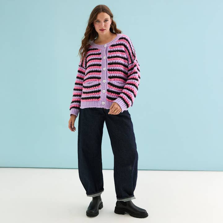 Cara & The Sky - Wholesale Cardigan - Women's - Bernice Stripe Cross Stitch Cardigan - Lilac5