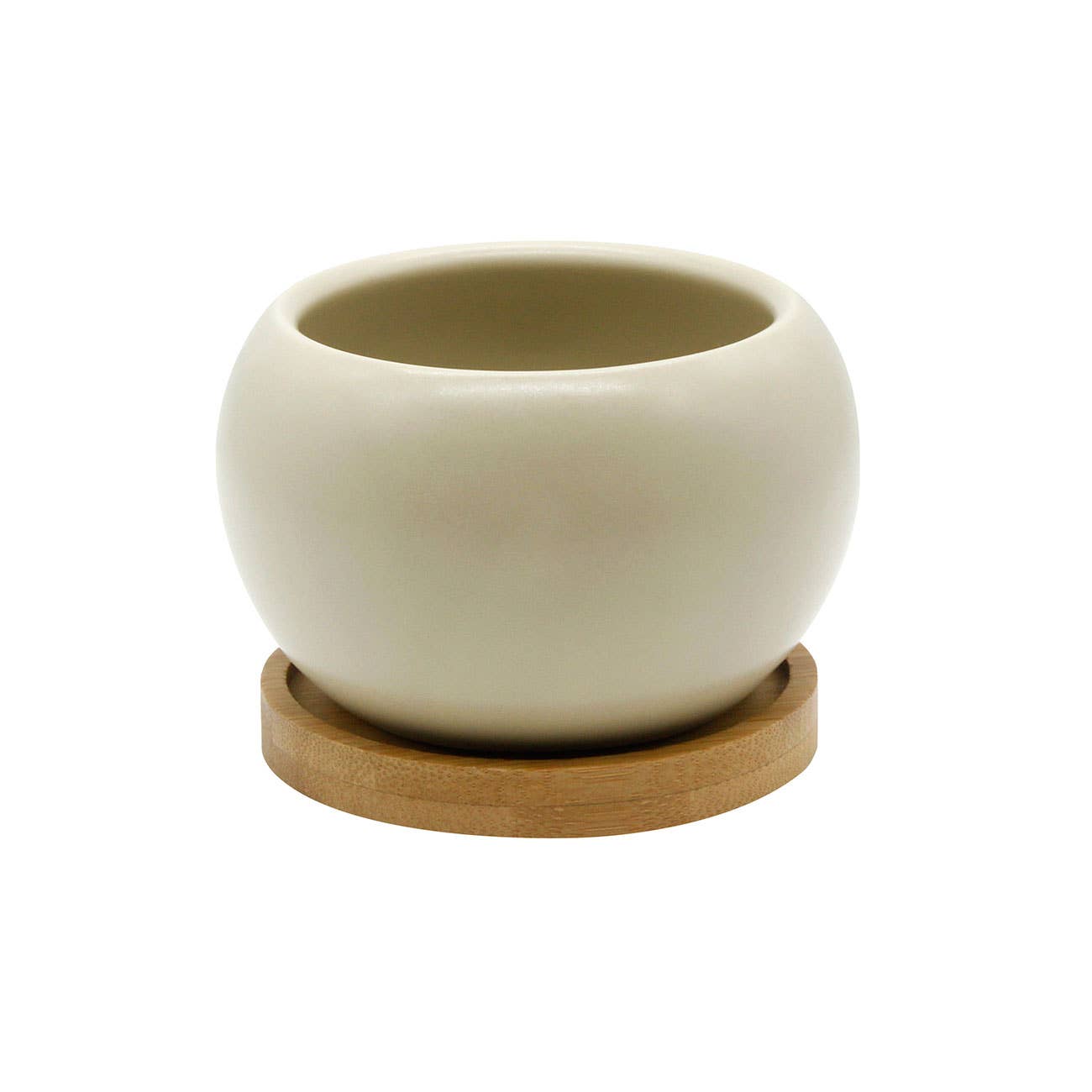 O Yeah Gifts - Wholesale Plant pot - Beige Ceramic Planter | 3.5" Round Pot with Bamboo Saucer
