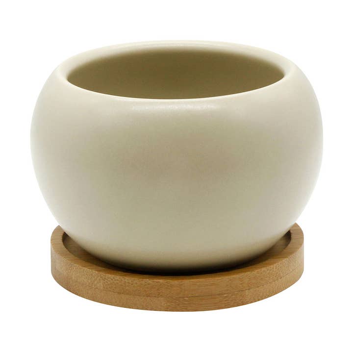 O Yeah Gifts - Wholesale Plant pot - Beige Ceramic Planter | 3.5" Round Pot with Bamboo Saucer0