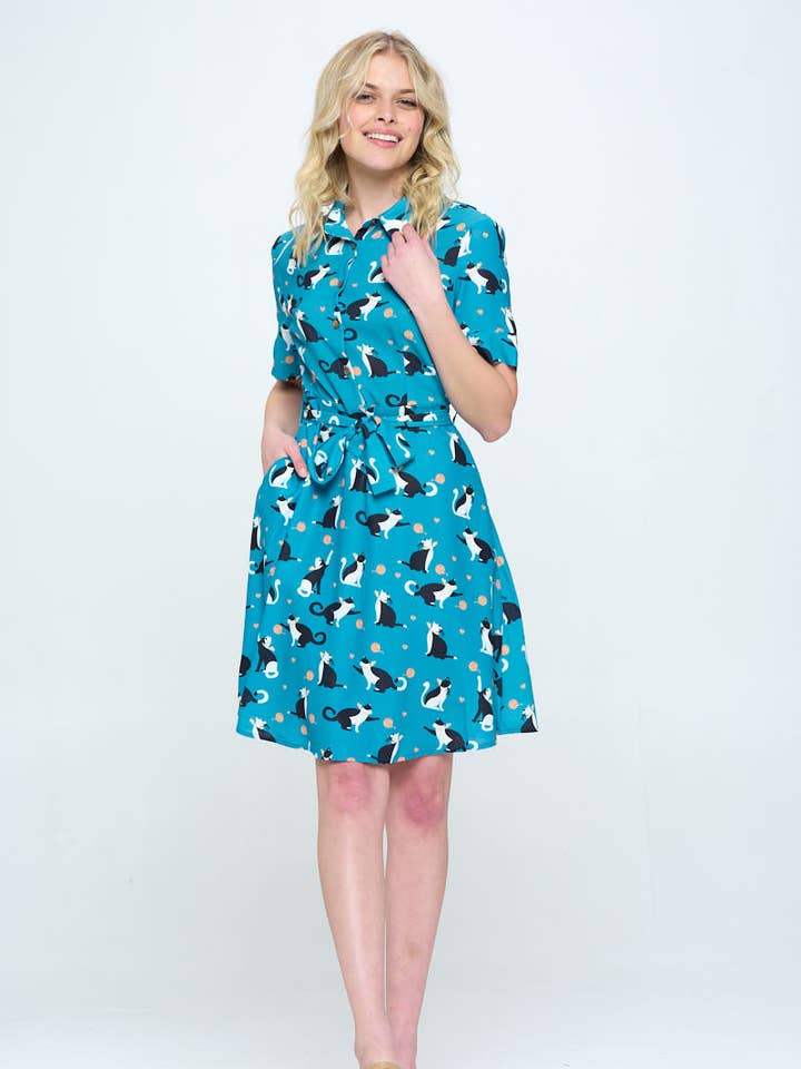 ALL OVER CAT AND BALLOON PRINT FRONT TIE DRESS WITH POCKETS for wholesale by SM WARDROBE
