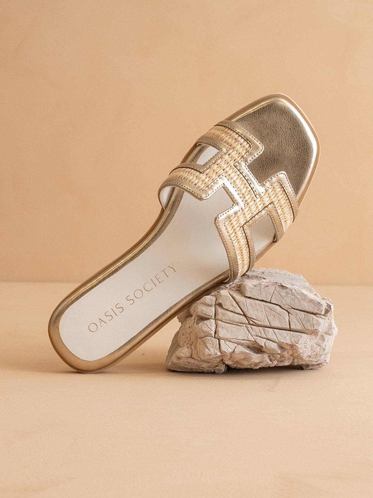 The Ena | Gold H Cutout Raffia Slide for wholesale on Faire4