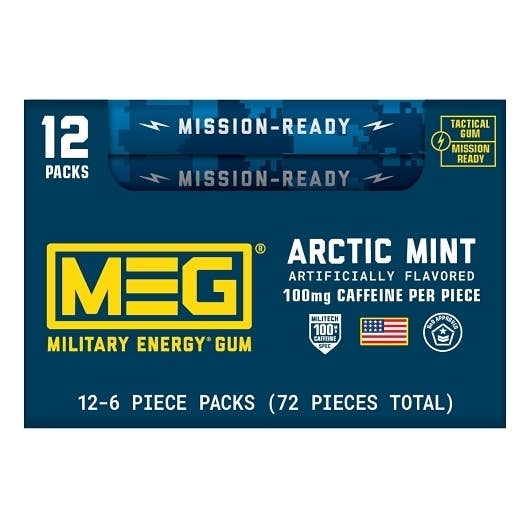 MEG Military Energy Caffeine Gum Arctic Mint 12 ct Tray for wholesale by Long Island Candy Factory