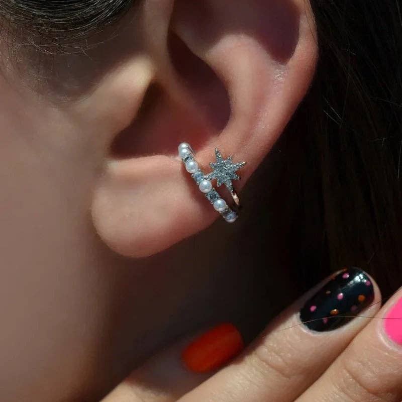 StockJWL – wholesale Cuff/wrap earrings – Mini Pearl Ear Cuff Compression Cartilage Earrings with Polar Star Detail5