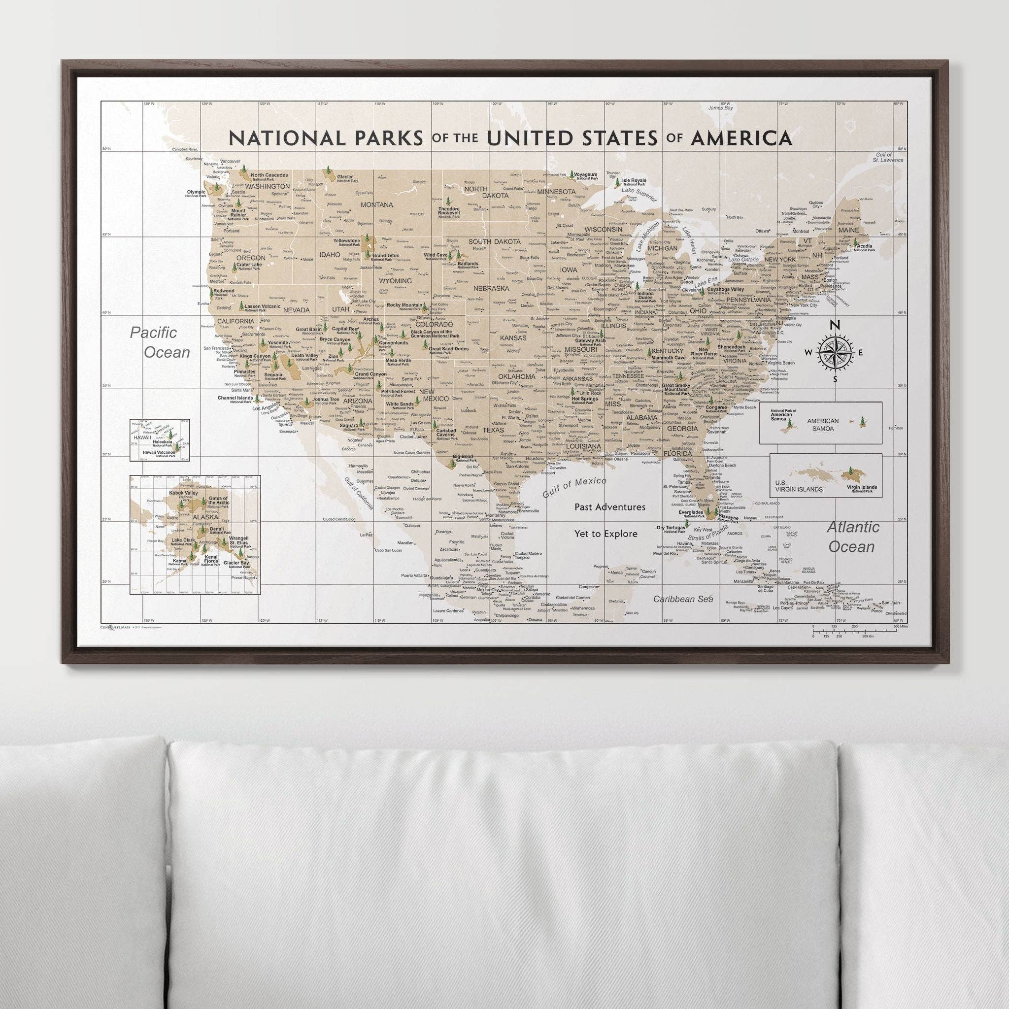Conquest Maps - Wholesale Map - Push Pin National Parks Map - Light Brown Color Splash - Pins Included!7