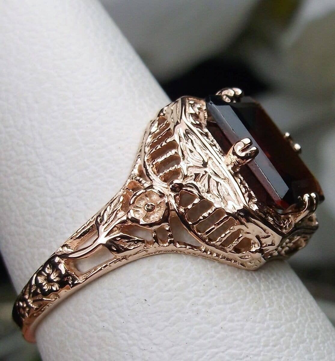 Silver Embrace Jewelry - Wholesale Cocktail/gelegenheidsring - Natuurlijke granaat roségouden edwardiaanse bloemen filigraan ring #1487