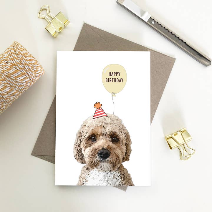 Happy Birthday Cavoodle with balloon Cards for wholesale by My Lovely Pets Design