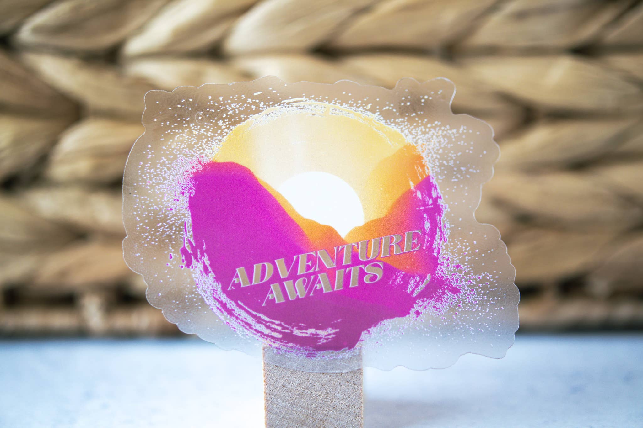 Savannah and James Co - Wholesale Sticker - Adventure Awaits, Sunset Clear Vinyl Sticker, 3in.5