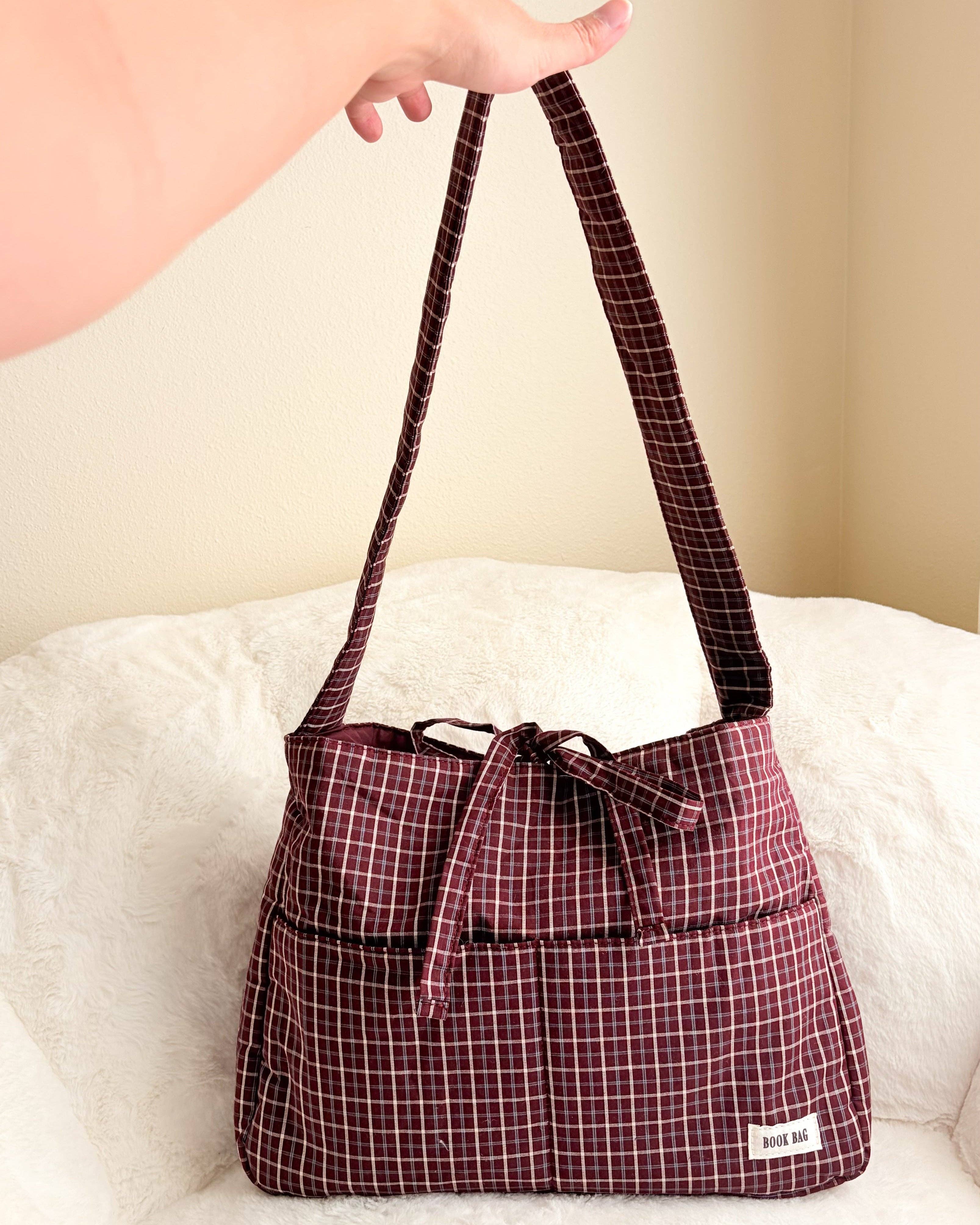 The Bean Workshop - Wholesale Tote Bag - Women's - Large Gingham Book Bag with Multiple Pockets7