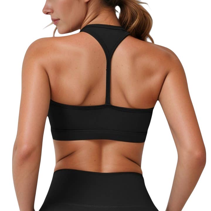 High Neck Sports Bra with Minimalist T-Back Strap Design for wholesale by Active by Anna-Kaci