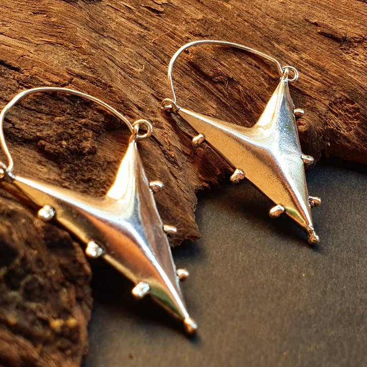Silver Steampunk Triangle Drop Tribal Brass Earrings; Ethnic Boho Chic Gypsy Spiral Hippie Tribal Cosplay for wholesale by Kaali Boutique