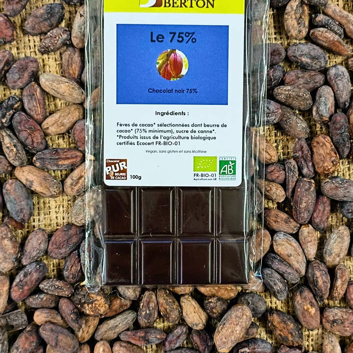 The 75% organic dark chocolate 100g bar for wholesale by Chocolaterie Berton / Omegachoco