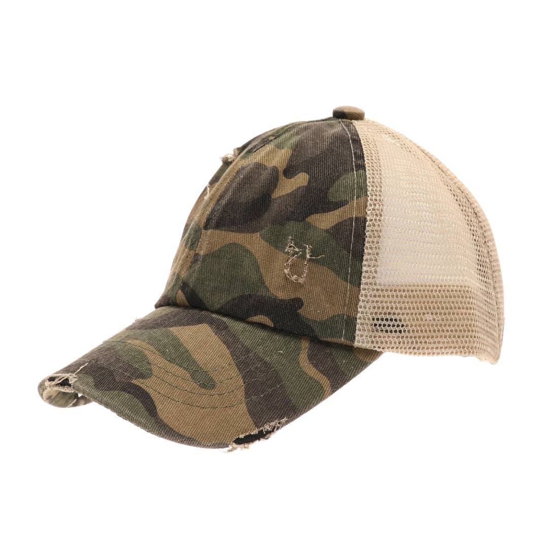 C.C Beanie – Engroshandel Baseballkasket - Til børn – BØRN Slidt Camouflage Kryds-og-tværs Høj Hestehale CC Kasket KIDSBT7833
