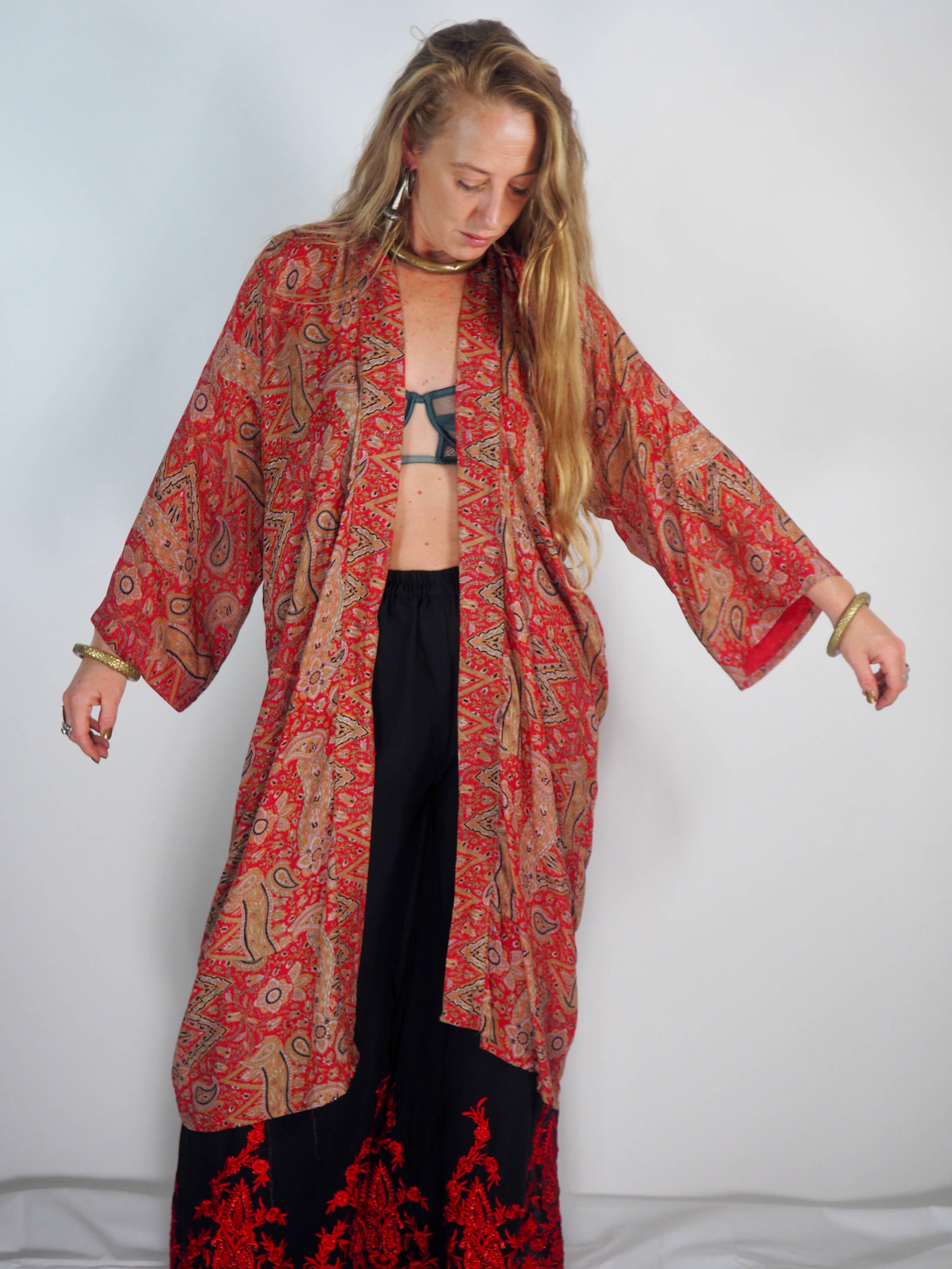 Vagabond Ibiza - Wholesale Kimono - Women's - The Kardash Kimono Mid-Length – Upcycled Vintage Sari Kimono14