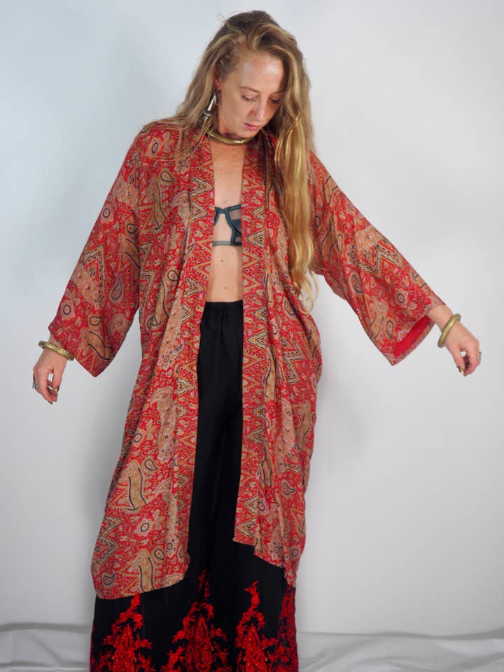Vagabond Ibiza - Wholesale Kimono - Women's - The Kardash Kimono Mid-Length – Upcycled Vintage Sari Kimono14