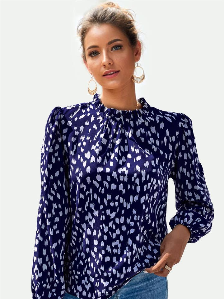 Animal Print Frill Detail High Neck Top In Navy for wholesale by FS Collection