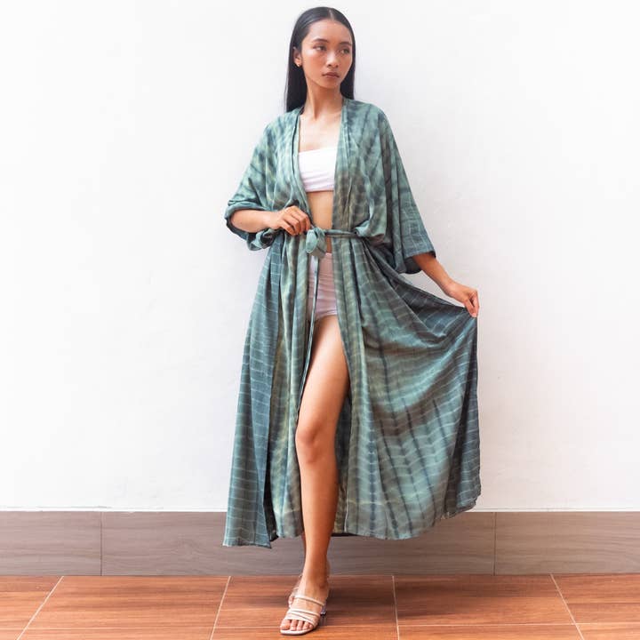 Tie Dye Kimono Cover Up (Nude Green) Bikini Beach Robe Wear for wholesale by Bali Harvest