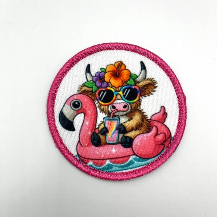 Fit Stitch Gear - Wholesale Patch - Highland Cow Summer Flamingo Floatie Patch
