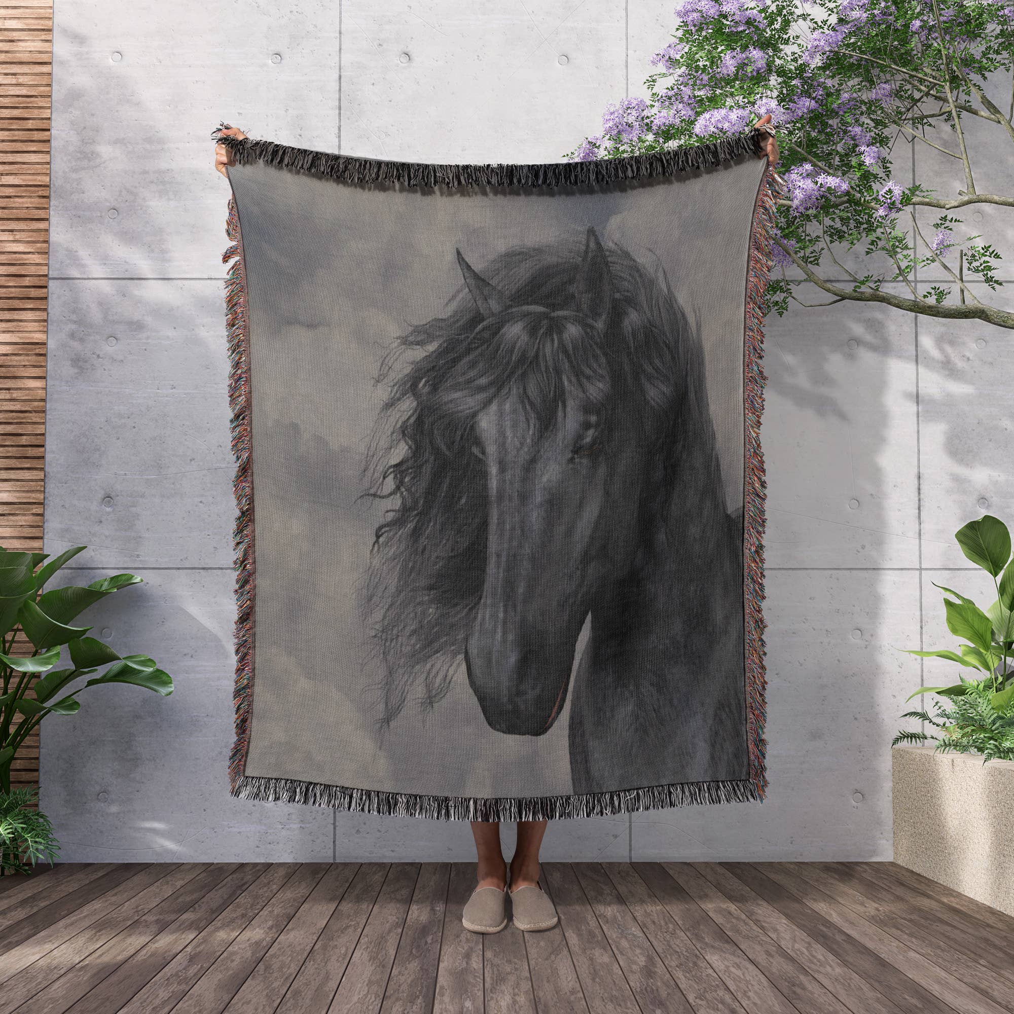 3dRose - Wholesale Throw Blanket - 3dRose, A black Frisian horse portrait in a cloudy sky, Blanket2