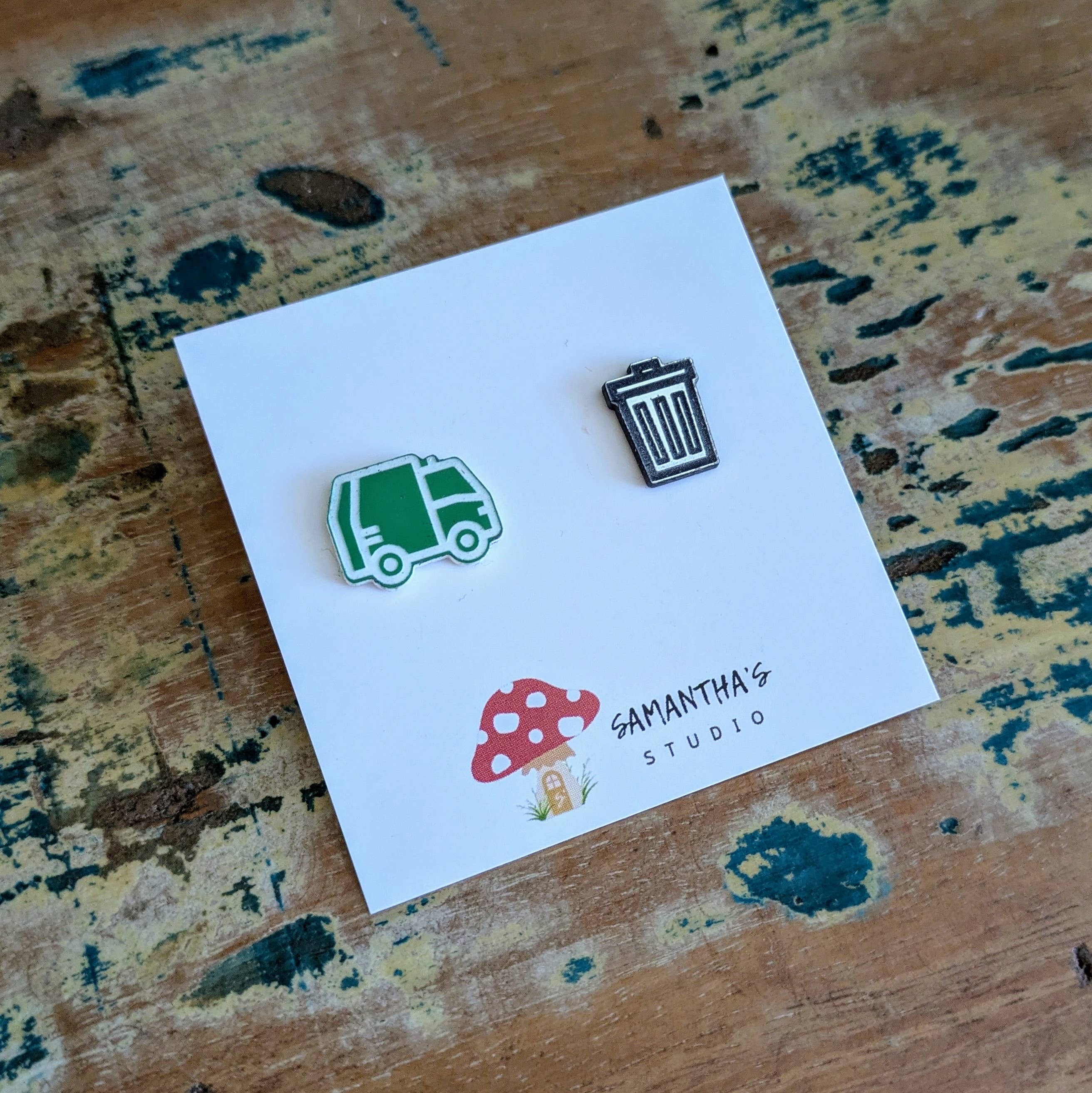 Samantha's Studio - Wholesale Stud/post earrings - Garbage Truck and Bin stud earrings, trash bin2