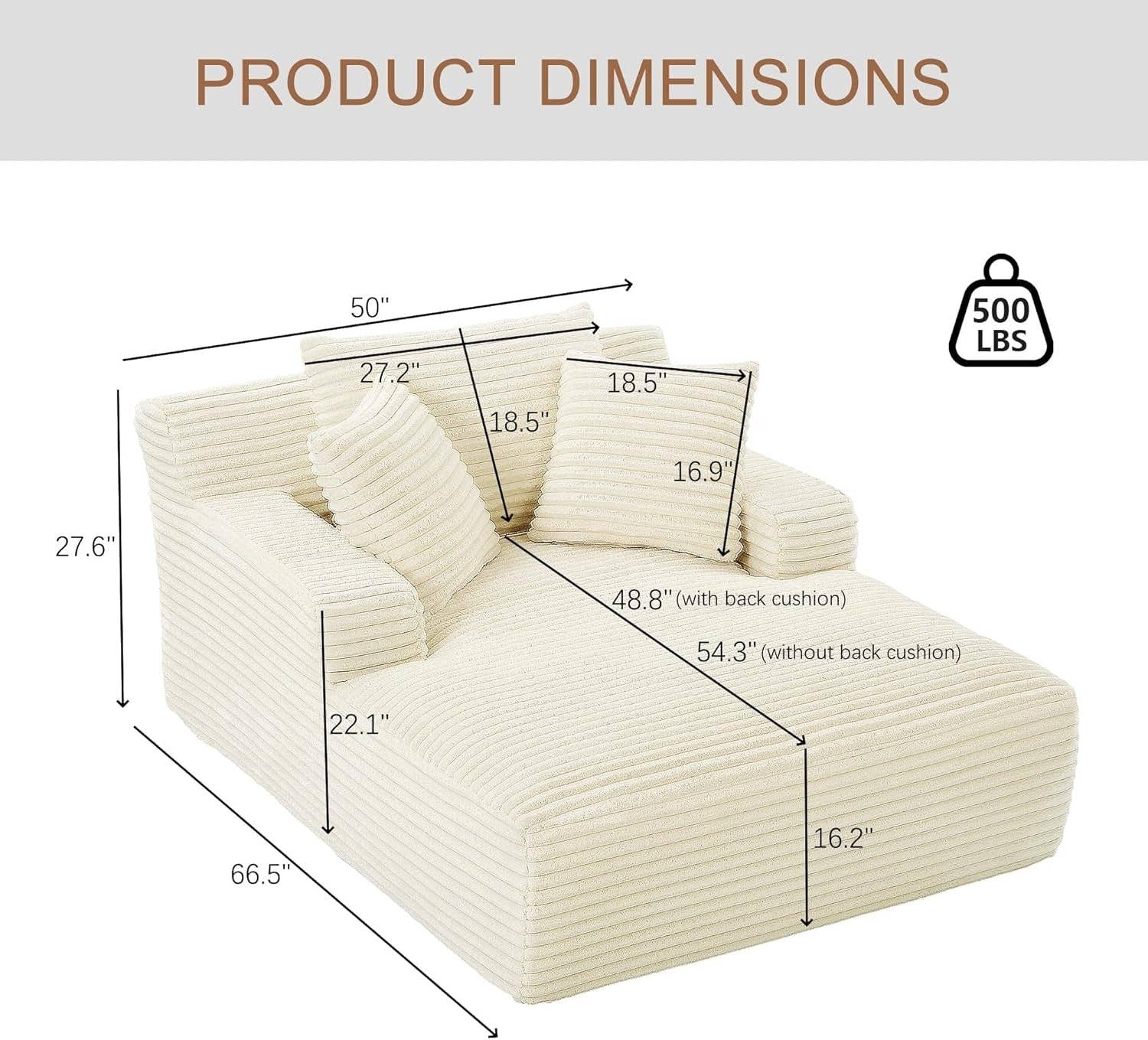50-Inch Oversized Corduroy Chaise Lounge Chair in White with Pillows for wholesale on Faire1