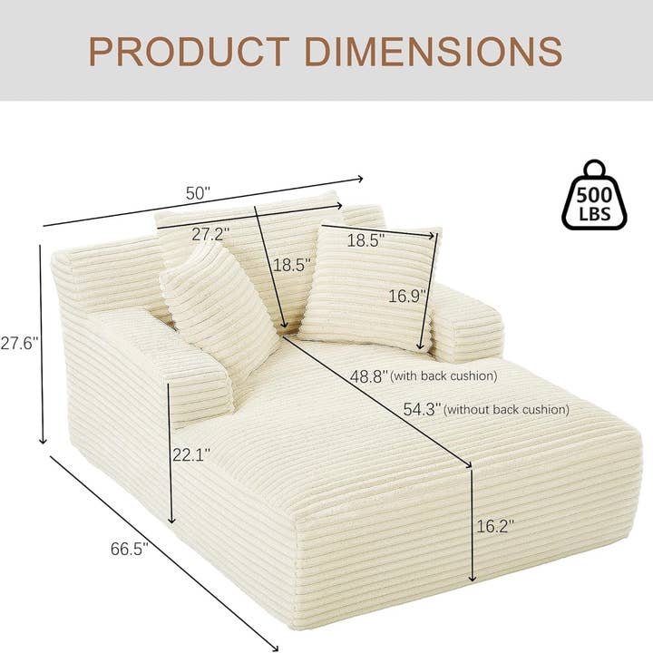 50-Inch Oversized Corduroy Chaise Lounge Chair in White with Pillows for wholesale on Faire1
