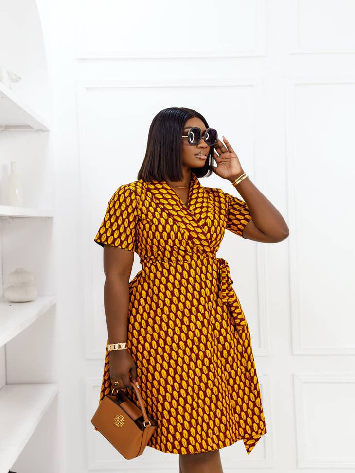 Wholesale ABI AFRICAN PRINT WRAP DRESS [ORANGE] for your store - Faire