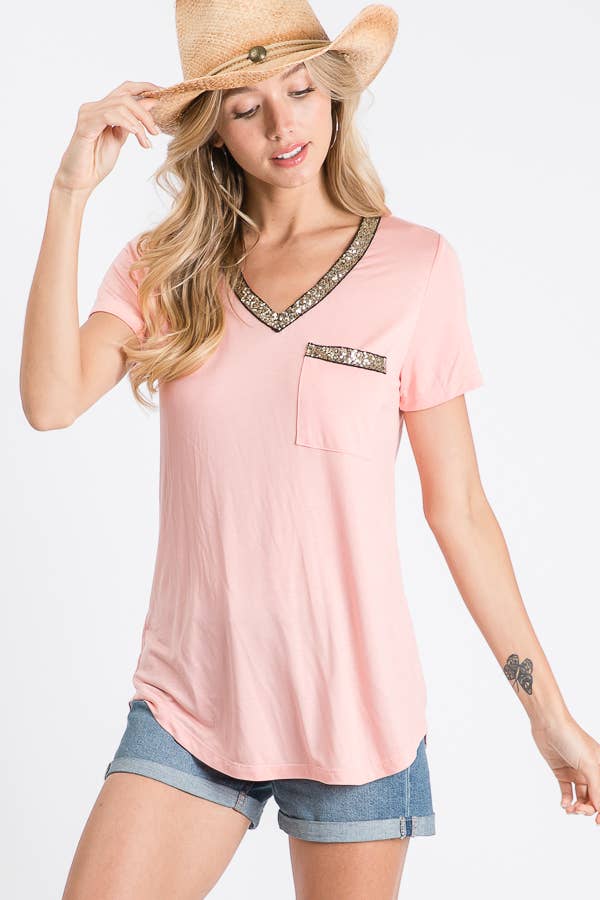 7th Ray - Venta al por mayor Camiseta - Mujer - Top de manga corta con cuello en V sólido, ribete de lentejuelas y bolsillo frontal T316210