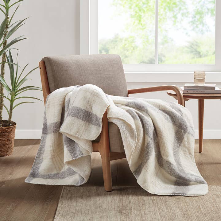 Natural Plaid Faux Mohair Sherpa Soft Throw Blanket 50x60", Ivory for wholesale on Faire