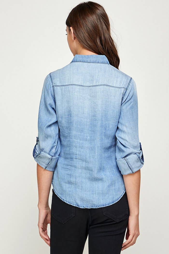 BLUE AGE - Wholesale Button Down Shirt - Women's - Chambray Denim Shirt with 2 Pockets2