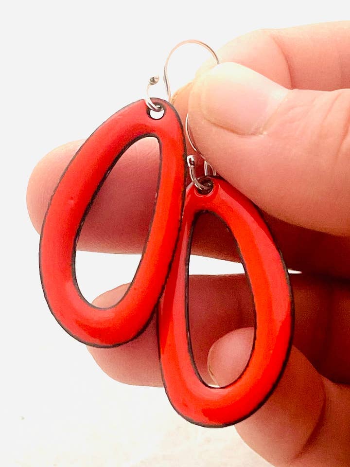 Organic Oval Earrings, Flame Orange Enamel for wholesale by Magpie Mouse Studios