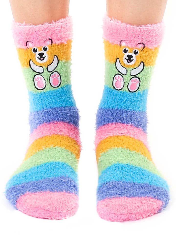 Fuzzy Crew Socks - Teddy Bears - Rainbow Stripes for wholesale by Living Royal