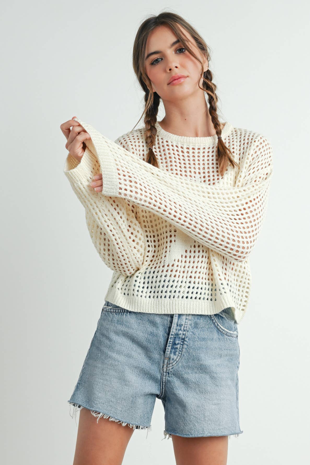 BUTTERMELON - Wholesale Knit Sweater - Women's - Crew Neck Crochet Sweater - BMW763323