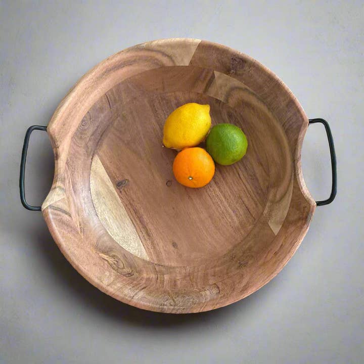 ASH1147 Acacia Wood Bowl W/ Iron Handles 33cm for wholesale by IRONBRIDGE FURNITURE