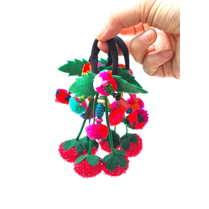 Beige & Co Thai Crafts - Vente Élastique à cheveux - Chouchou Cerise Pompon Style Bohème3