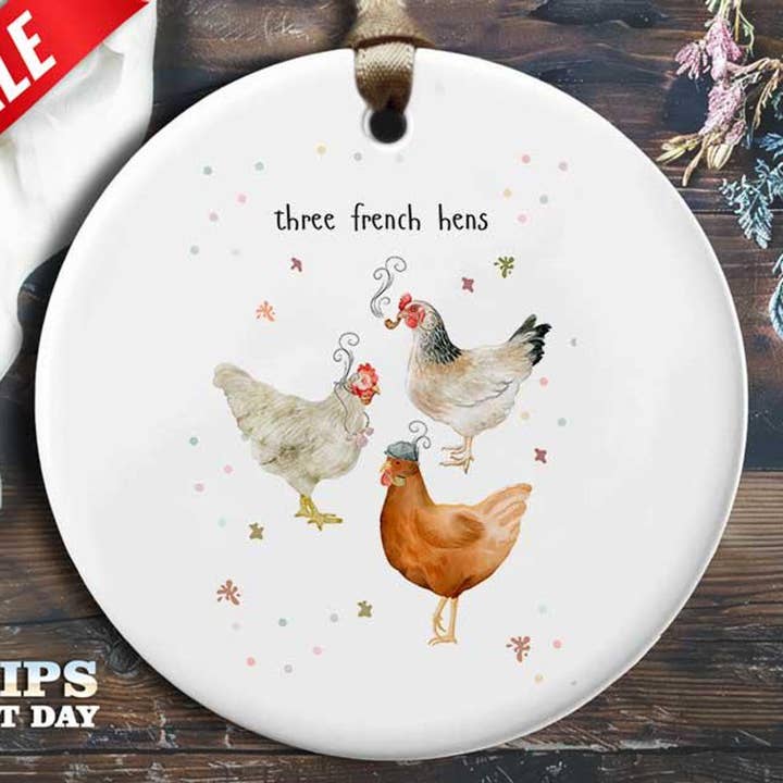 Sjovt julepynt med tre høns - 'Tre franske høns' - for engroshandel hos VenusArtsShop
