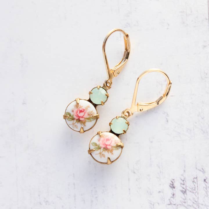 A Pocket of Posies - Wholesale Dangle Earrings - Small Drop Earrings - Vintage Glass - Pink Rose and Mint