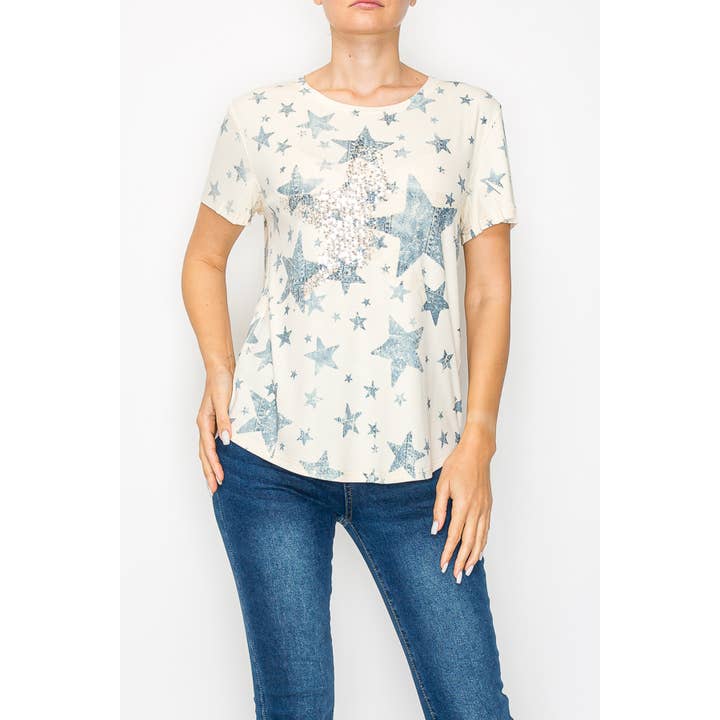 Spets- och paljettstjärnprydd ultramjuk t-shirt - 4765BG-BL STAR för wholesale av Origami Apparel ~ Lace and Crochet inspired