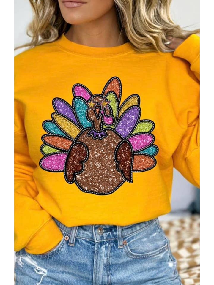 Cypress Slough Outfitters - Wholesale Graphic Sweatshirt - Women's - Faux Sequins DTF Turkey SweatShirt (NOT REAL SEQUINS)