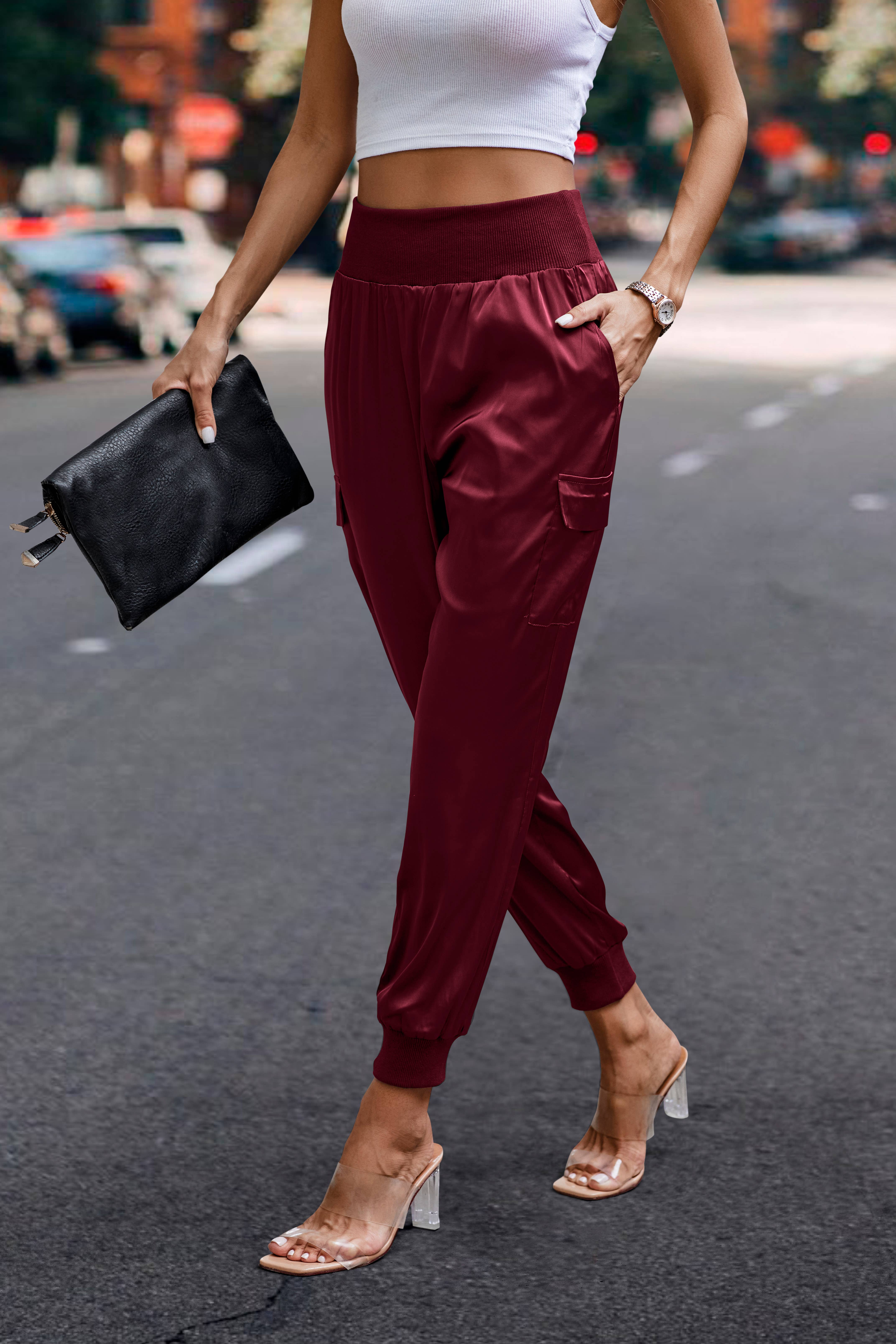 eLook - Wholesale Lounge Sweatpants/Joggers - Women's - SZ1-P0012 Satin Cargo Jogger with Ribbed Waist37