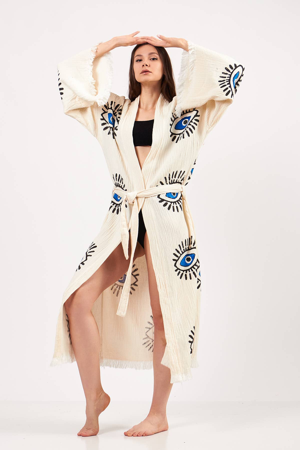 Yaz Concepts - Venta al por mayor Kimono - Mujer - Kimono Turco con Estampado de Ojo Turco Blanco y Azul5